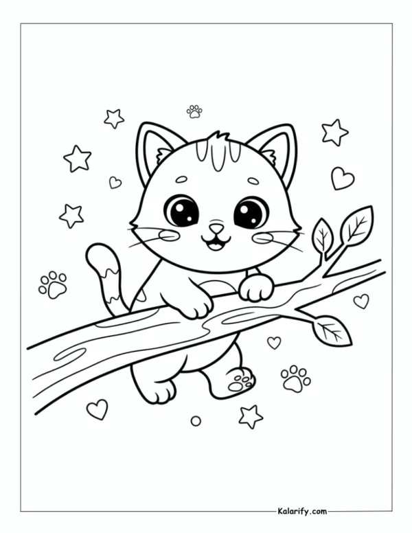A Cat climbing a simple tree branch Coloring Page