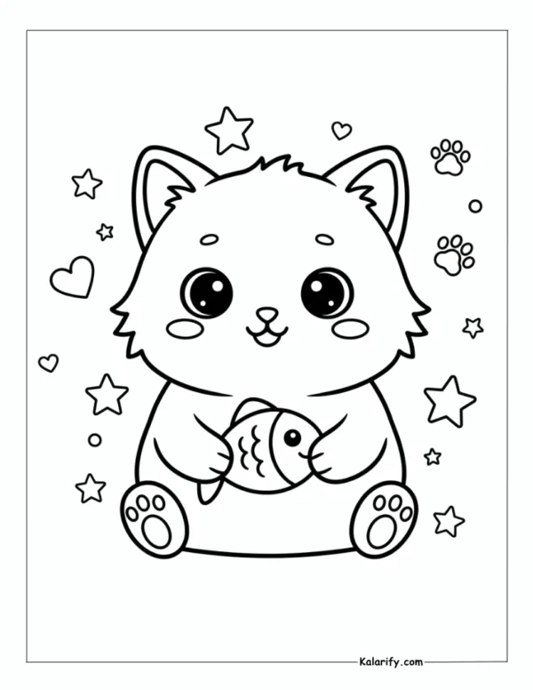 A cat holding a tiny fish Coloring Page