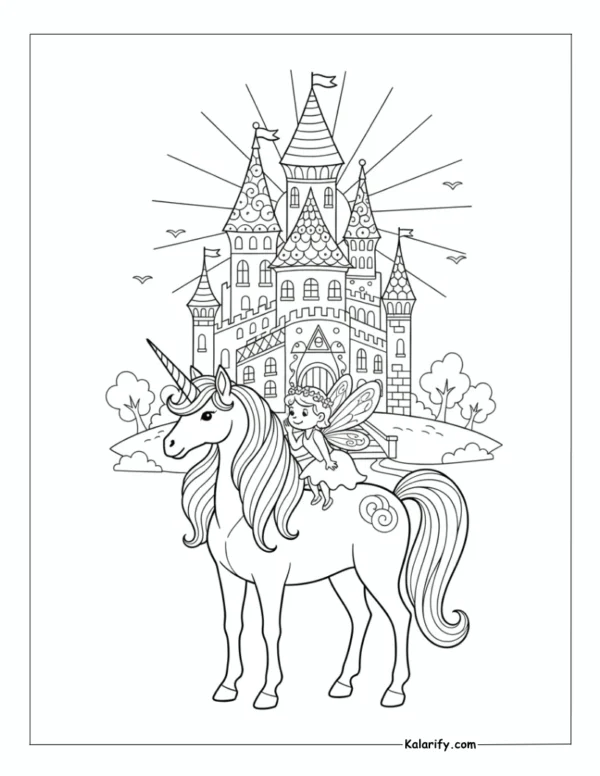 A small fairy sitting on the unicorn's back coloring page