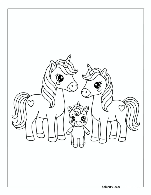 A sweet unicorn family coloring page