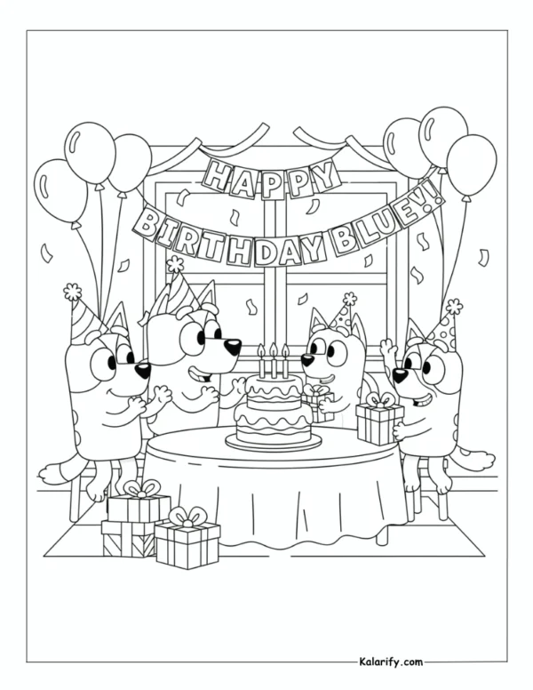 Bluey birthday celebration coloring page