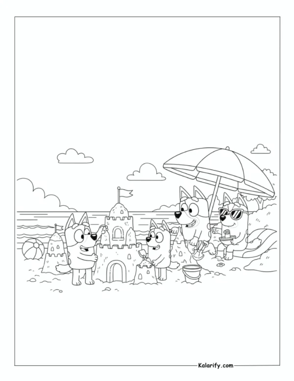 Bluey building beach sandcastles coloring page