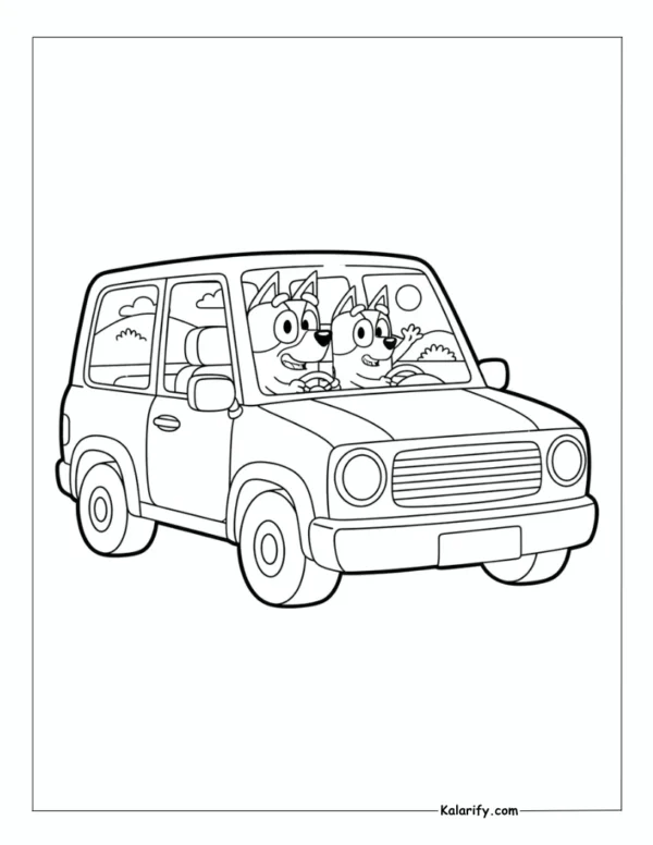Bluey driving the family car coloring page