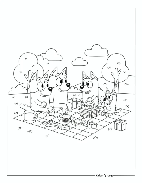 Bluey enjoying a picnic in park coloring page