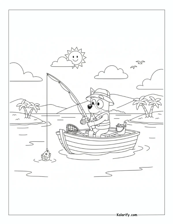 Bluey enjoying fishing on a boat coloring page