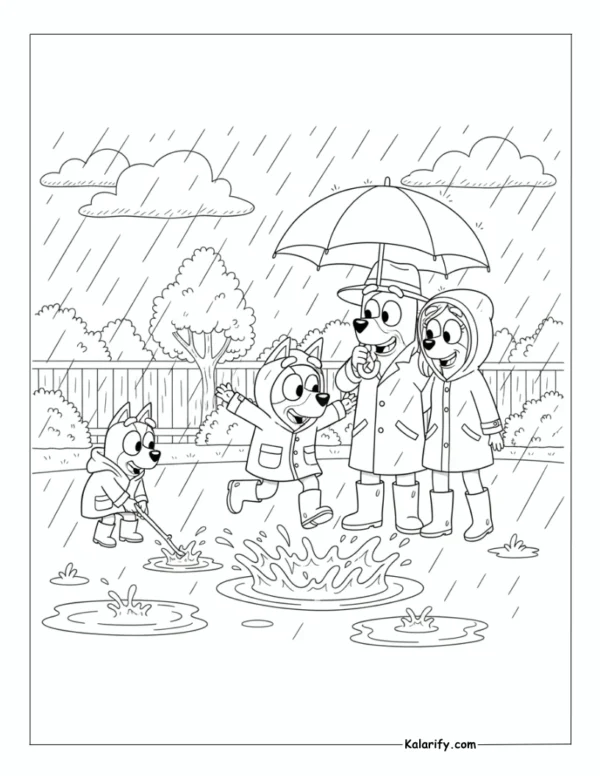 Bluey enjoying rainy day fun coloring page