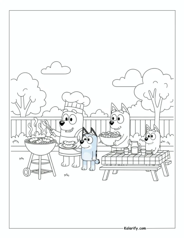 Bluey family enjoying a BBQ coloring page