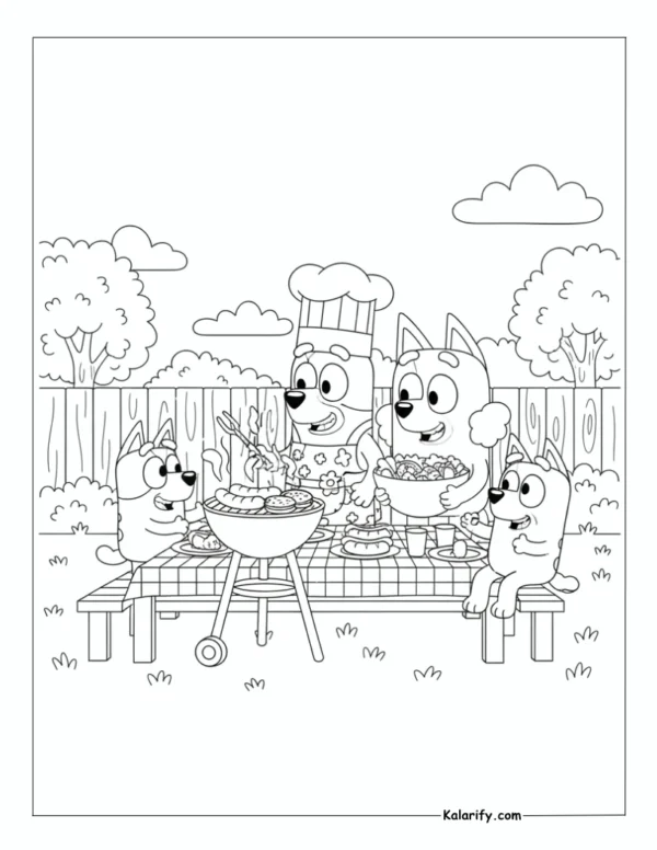 Bluey family enjoying a BBQ coloring pages