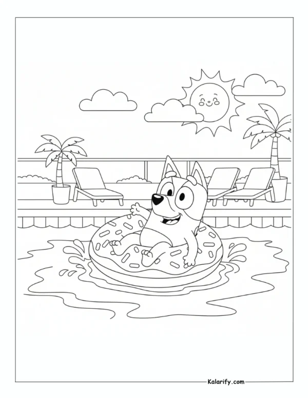 Bluey floating on ring in pool coloring page