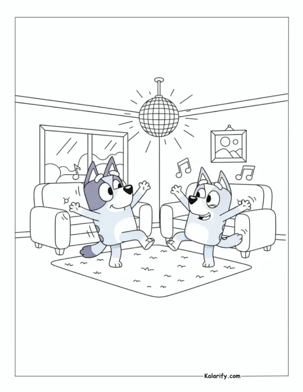 Bluey having a dance party coloring page