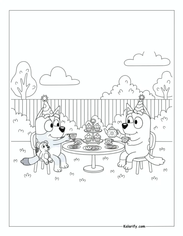 Bluey having a tea party coloring page