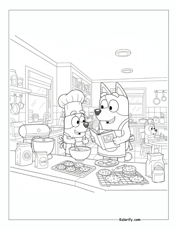 Bluey helping Dad in kitchen coloring page