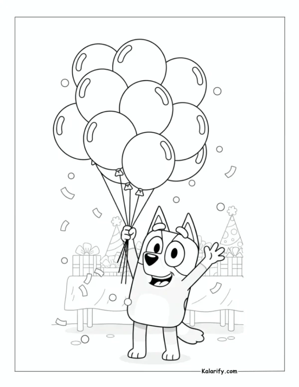 Bluey holding balloons coloring page