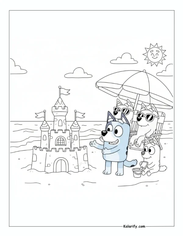 Bluey showing a beach sandcastle coloring page