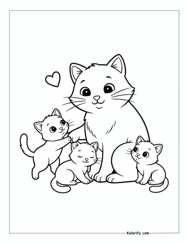 Cat Family – mother cat with kittens coloring page