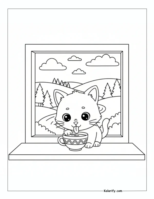 Cat Licking Water from a Cup Next to Scenic Window View Coloring Page