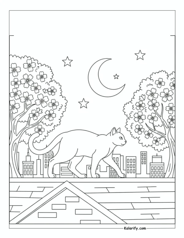 Cat walking on a rooftop coloring page