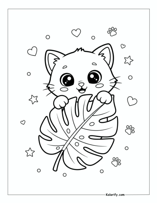 Cat hiding behind a large leaf Coloring Page