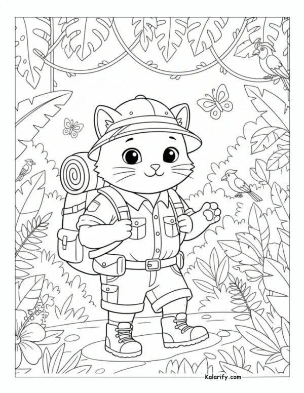 Cat in Hiking Uniform and Backpack Inside the Jungle Coloring Page
