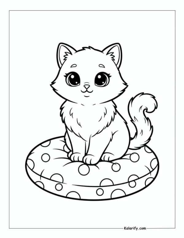 Cat sitting elegantly on a simple cushion coloring page
