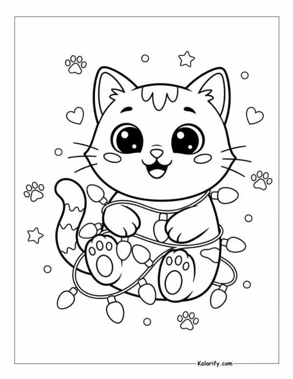 Cat tangled up in Christmas lights Coloring Page