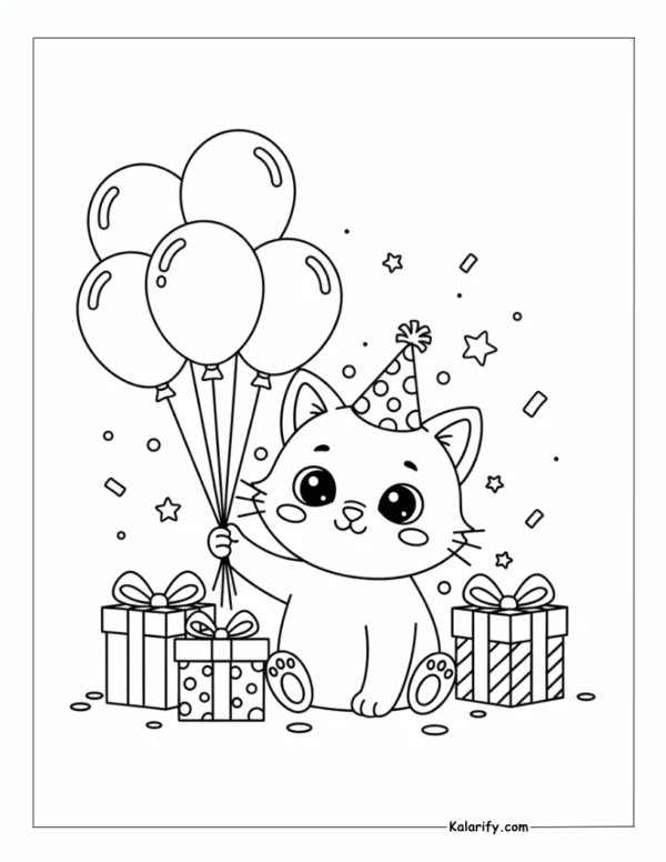 Cat with Balloons and Gifts coloring page