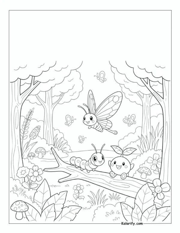 Caterpie, Oddish and Butterfree playing together coloring page