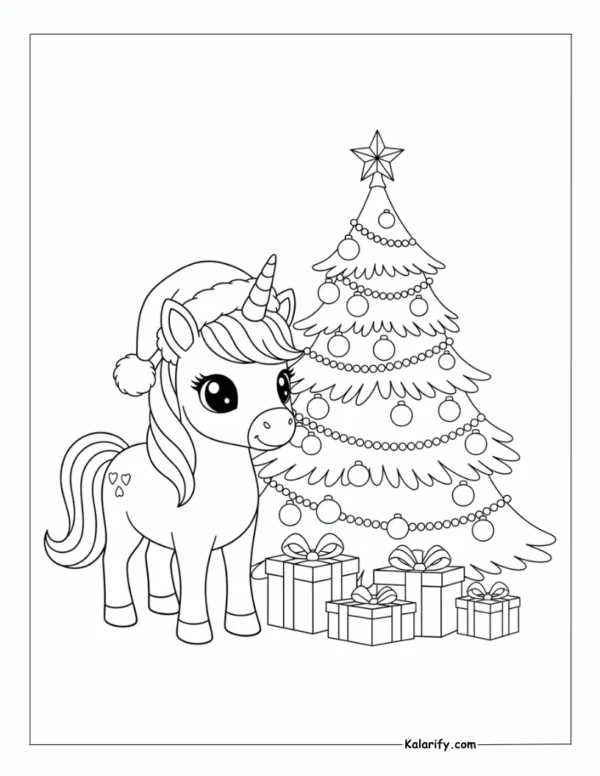 Christmas unicorn with a decorated tree coloring page
