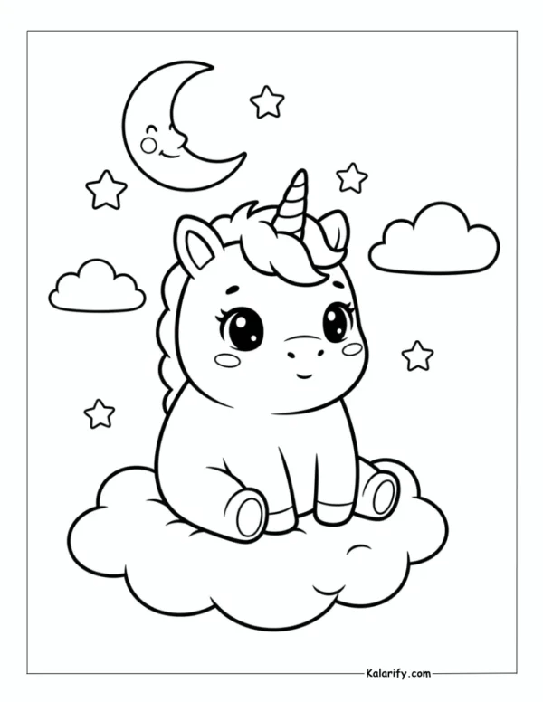 Chubby unicorn with a shy smile coloring page