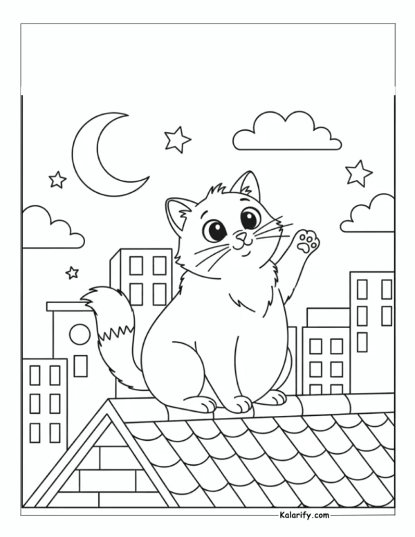 Cat Sitting on a Rooftop Coloring Page