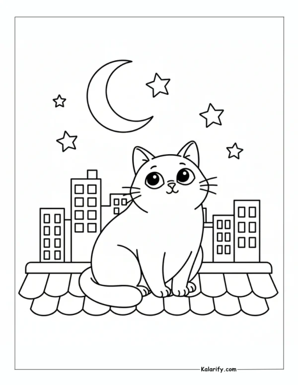 Curious Cat Sitting on a Rooftop Coloring Page