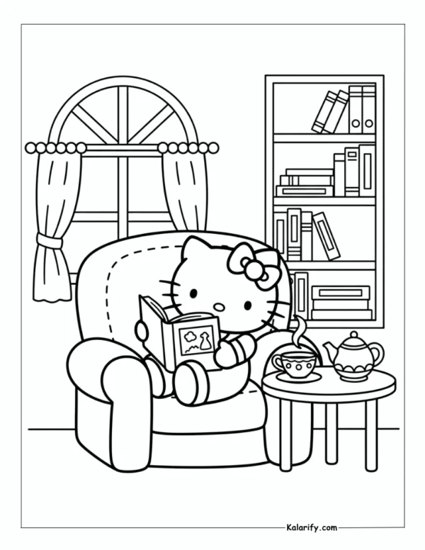 Cute Hello Kitty enjoying a book coloring page