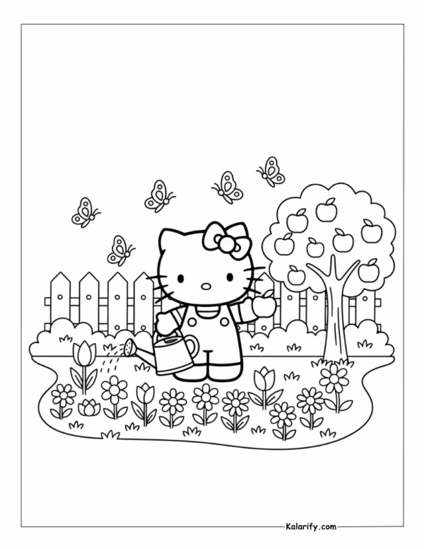 Cute Hello Kitty in her garden coloring page