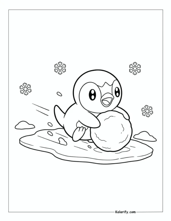 Cute Piplup sliding making a snowball coloring page