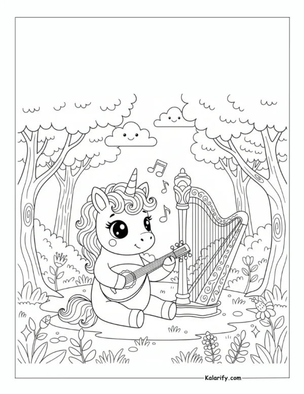 Cute unicorn playing a lute coloring page
