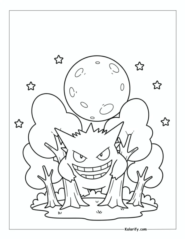 Gengar peeking playfully from behind trees coloring page