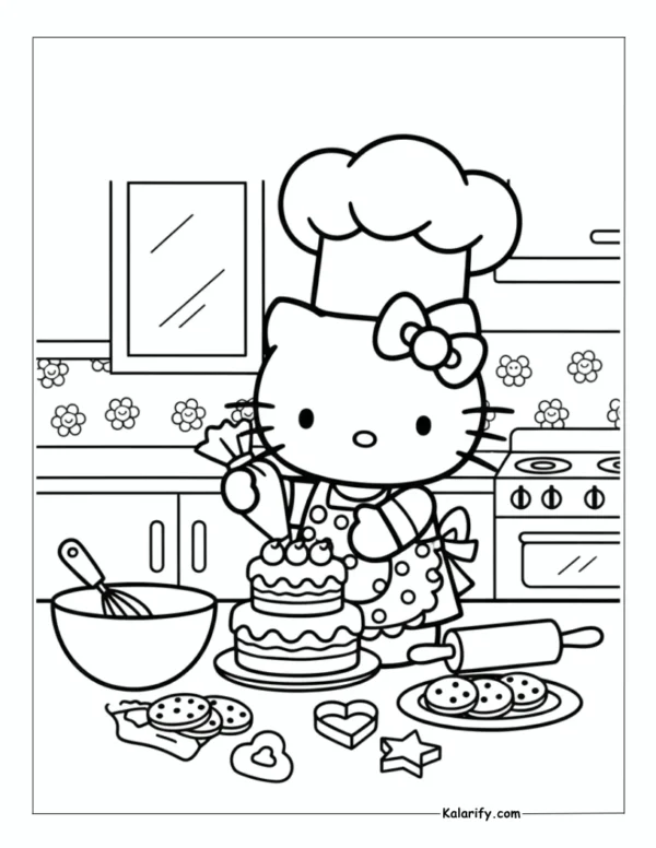 Hello Kitty baking a cake in kitchen coloring page