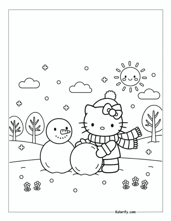Hello Kitty building a snowman coloring page