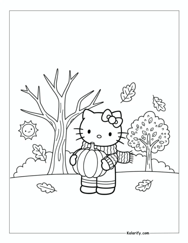 Hello Kitty carrying a pumpkin coloring page