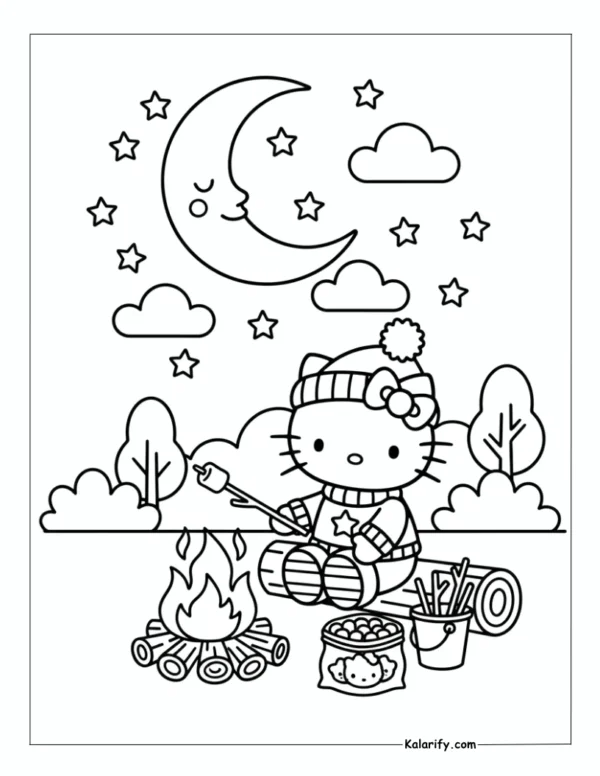 Hello Kitty enjoying a campfire coloring page