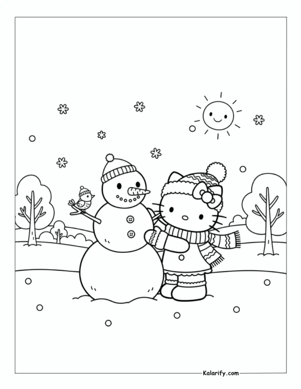 Hello Kitty enjoying a winter coloring page