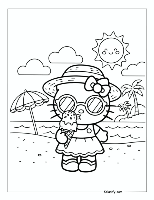 Hello Kitty enjoying an ice cream coloring page