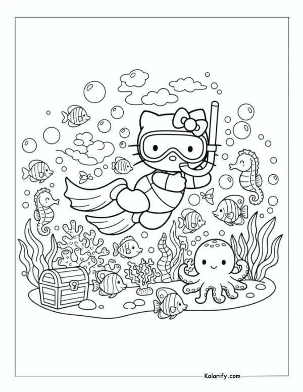 Hello Kitty exploring an underwater world coloring page