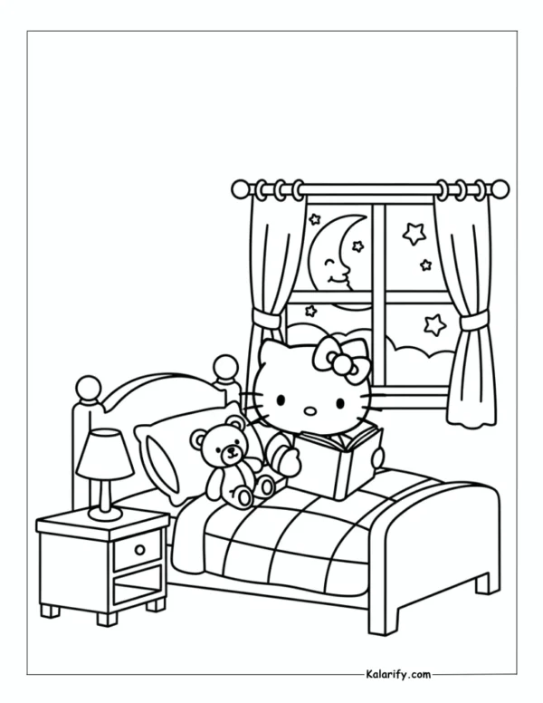 Hello Kitty in a cozy bedtime coloring page