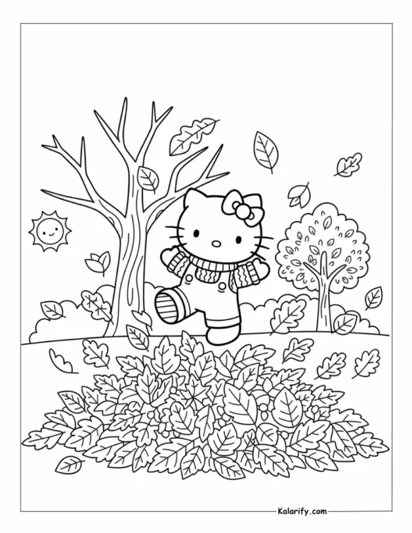 Hello Kitty jumping on leaves coloring page