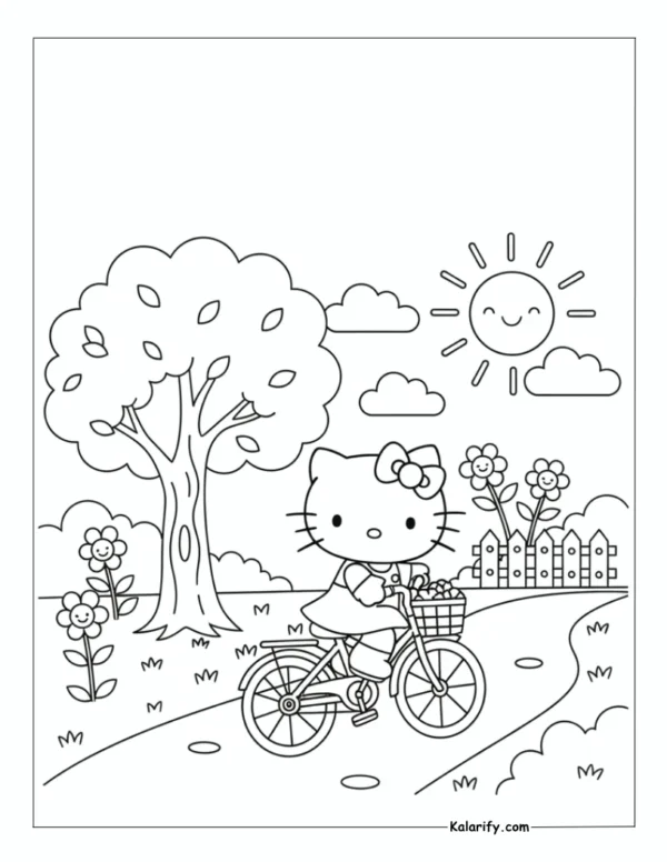 Hello Kitty riding a bicycle coloring page