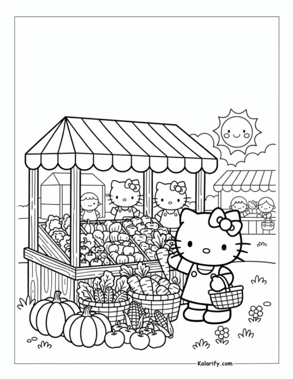 Hello Kitty shopping fresh vegetables coloring page