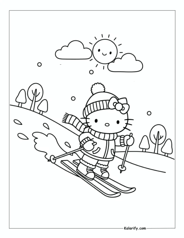 Hello Kitty skiing down a snowy coloring page