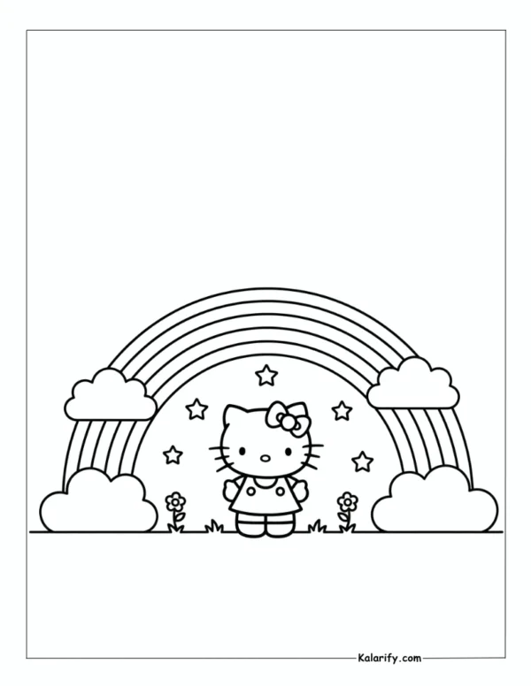 Hello Kitty standing under a rainbow coloring page