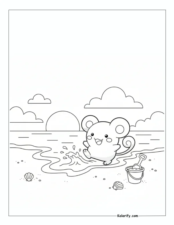 Marill playing happily near beach Pokemon coloring page